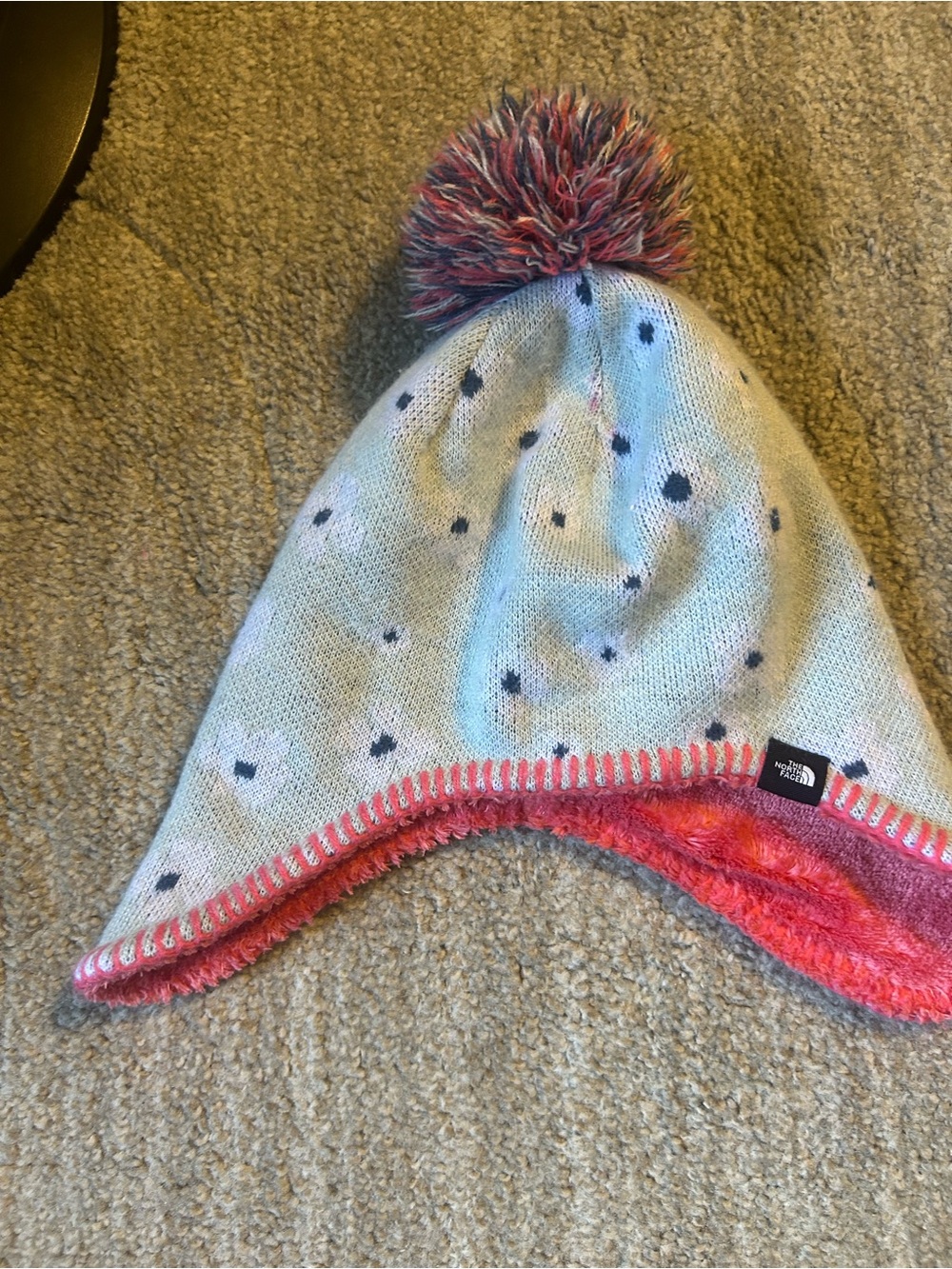 The North Face Light Blue Knit Kids Pom Beanie with Pink Trim